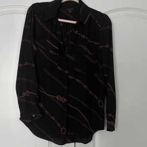 Ann Taylor Black Blouse with Gold Chain Design